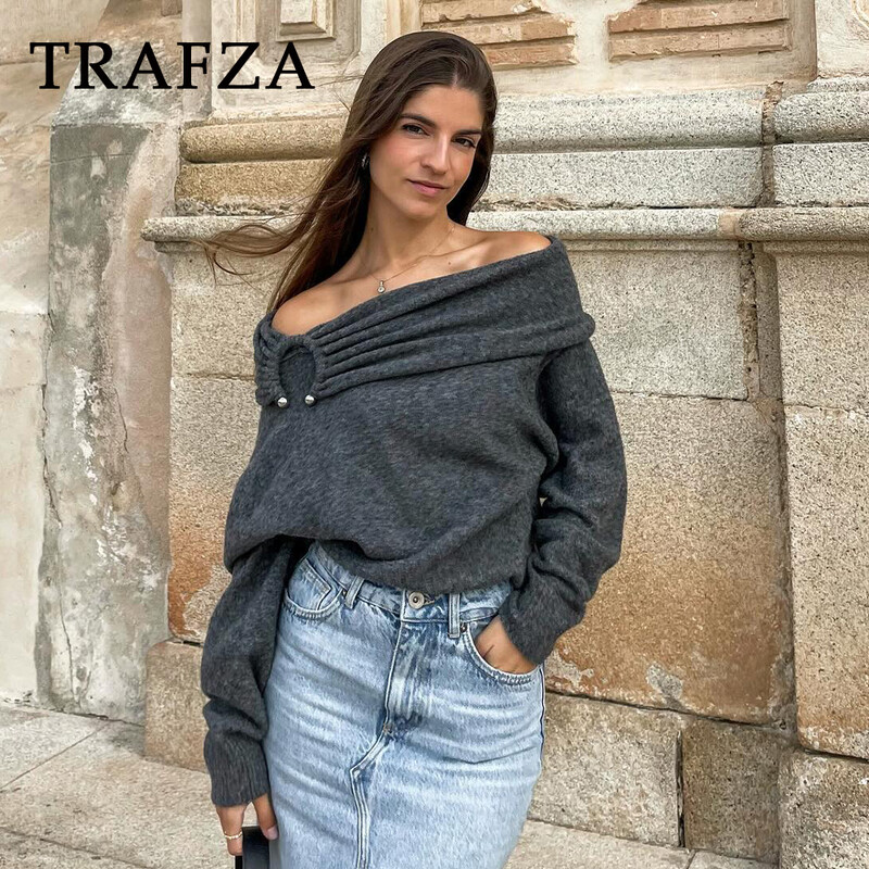 TRAFZA 2024, toamnă iarnă, pentru femei, ocazional, tricotat, pulovere la modă cu gât tăiat, solid, gros, cald, elegant, șic
