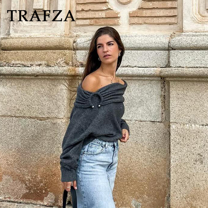 TRAFZA 2024, toamnă iarnă, pentru femei, ocazional, tricotat, pulovere la modă cu gât tăiat, solid, gros, cald, elegant, șic