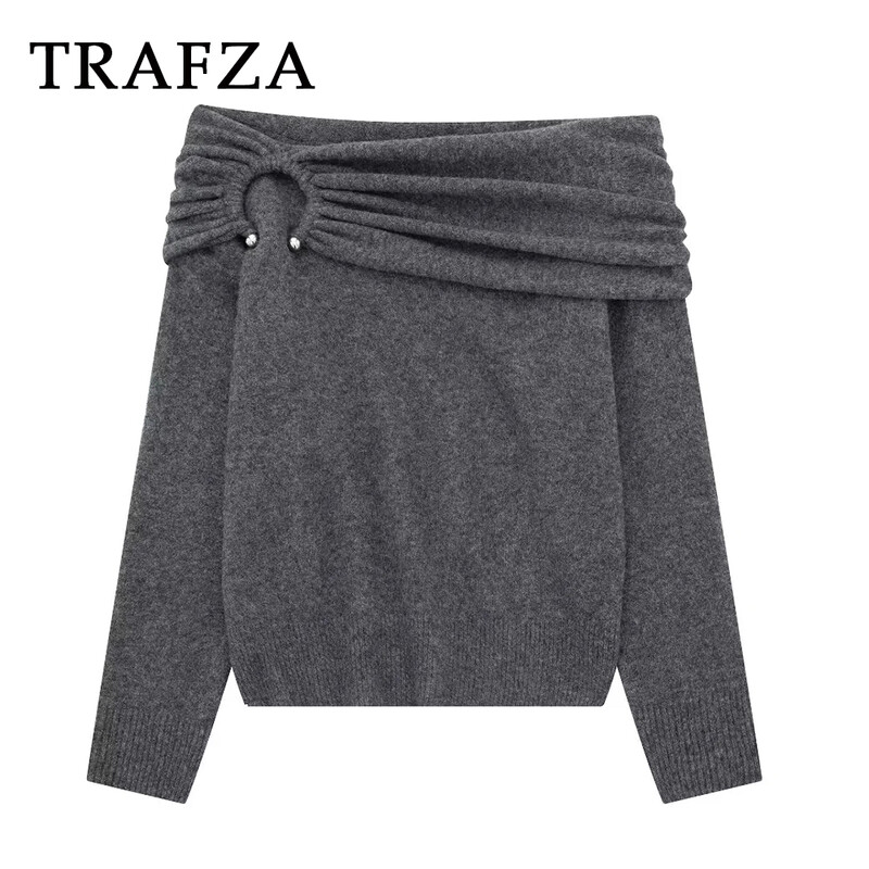 TRAFZA 2024, toamnă iarnă, pentru femei, ocazional, tricotat, pulovere la modă cu gât tăiat, solid, gros, cald, elegant, șic