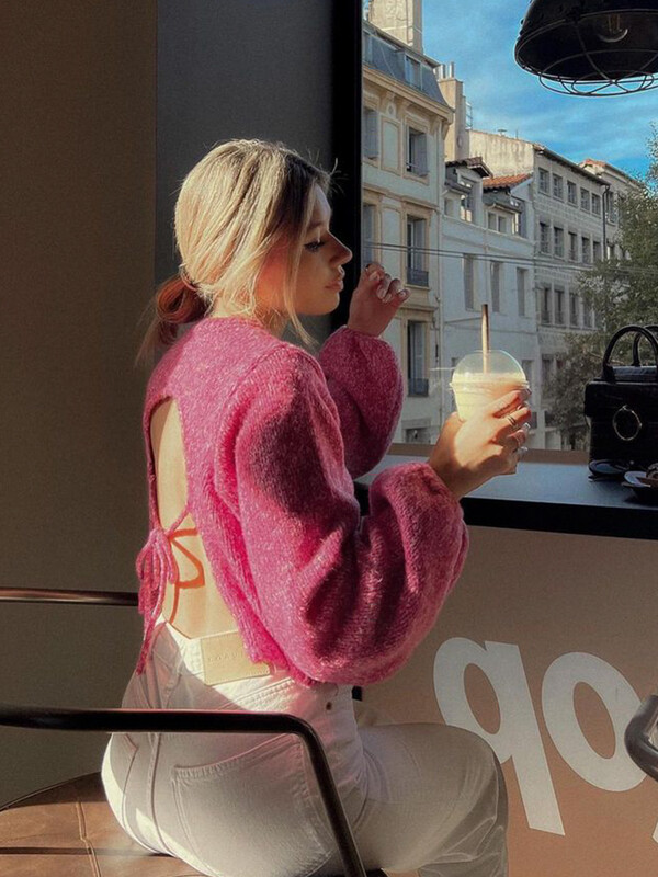 Ahagaga Fashion Sexy Pulovere pentru femei Tricotate fără spate Casual cu mânecă lungă cu gâtul O Pulovere solide Bandaj Topuri cu teacă liberă pentru femei