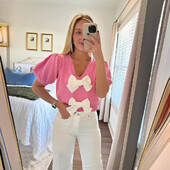 2024 tavaszi nyár női kötött pulóver pulóver, masnis, fűzős V-nyakú, rövid, puffos ujjú, női, édes rózsaszín fehér utcai ruházat