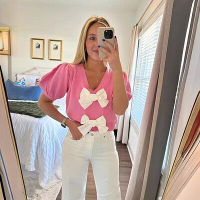 2024 tavaszi nyár női kötött pulóver pulóver, masnis, fűzős V-nyakú, rövid, puffos ujjú, női, édes rózsaszín fehér utcai ruházat