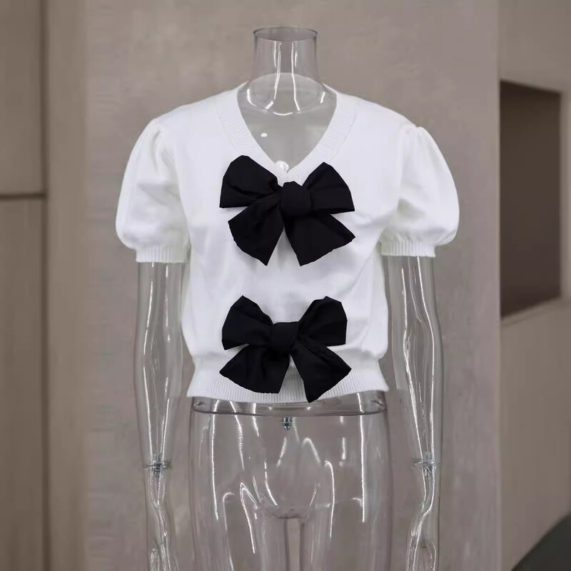 2024 tavaszi nyár női kötött pulóver pulóver, masnis, fűzős V-nyakú, rövid, puffos ujjú, női, édes rózsaszín fehér utcai ruházat