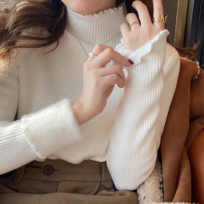 Őszi téli fodros női nyakú pulóver, vastag polár meleg termopulóver női kasmír pulóver 2023