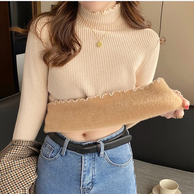 Őszi téli fodros női nyakú pulóver, vastag polár meleg termopulóver női kasmír pulóver 2023