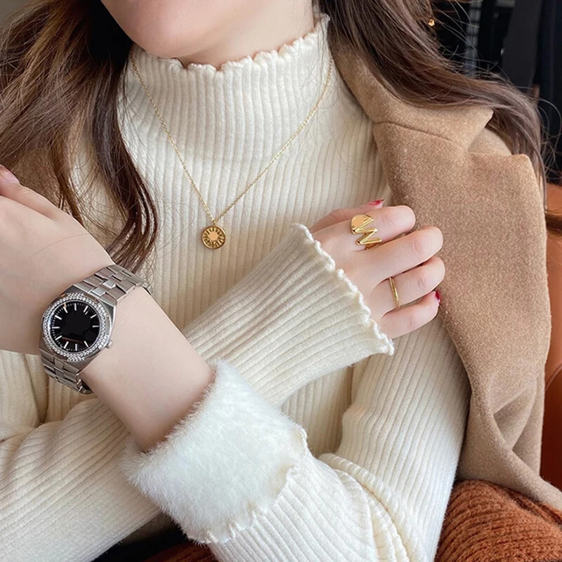 Őszi téli fodros női nyakú pulóver, vastag polár meleg termopulóver női kasmír pulóver 2023