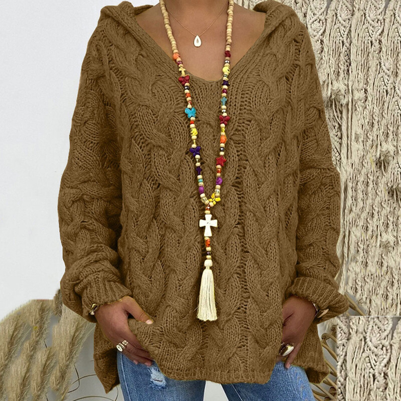 Jocoo Jolee Ženski jesenski upleteni pleteni pulover Ležerni jednobojni puloveri s kapuljačom Džemperi u europskom stilu Ulična Ženska odjeća