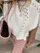 Hétköznapi kötött, vájt pulóverek, női bő, O-nyakú, rövid ujjú, fűzős pulóverek 2024. ősz, új női tömör kötöttáru felső