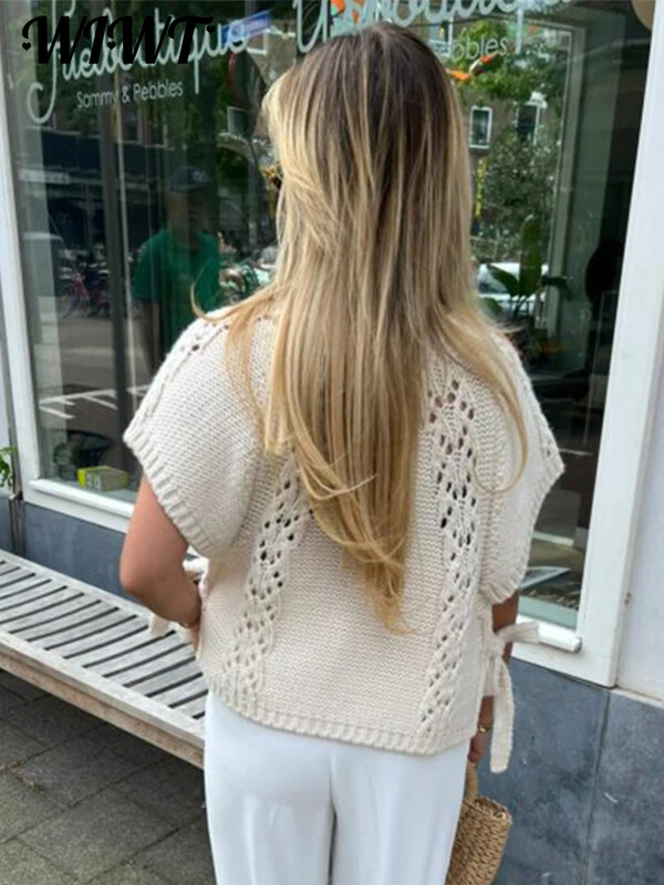 Hétköznapi kötött, vájt pulóverek, női bő, O-nyakú, rövid ujjú, fűzős pulóverek 2024. ősz, új női tömör kötöttáru felső