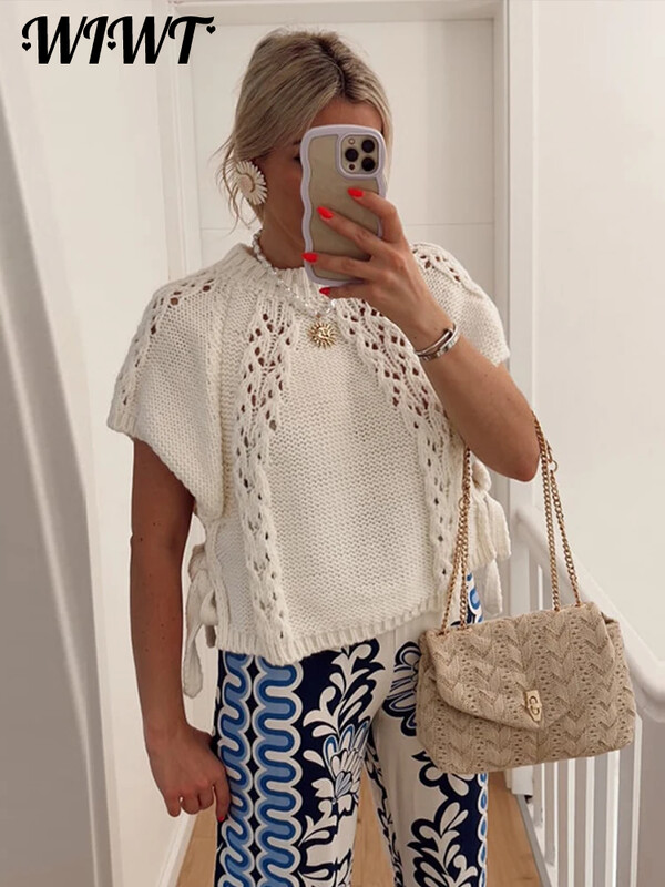 Hétköznapi kötött, vájt pulóverek, női bő, O-nyakú, rövid ujjú, fűzős pulóverek 2024. ősz, új női tömör kötöttáru felső