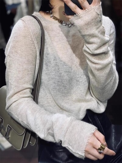 2024, primăvară, toamnă, cu gât rotund, pulover de cașmir cu franjuri, pulover coreean, la modă, cămașă de bază de lână