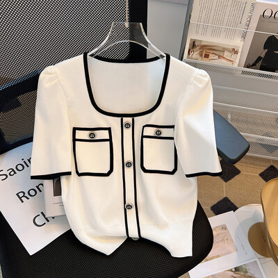 Pulover de vară Tricou tricot pentru femei Ocazional cu mânecă scurtă Haine de femeie Versatil guler pătrat Pulover pentru damă Tricoturi Topuri Jumper