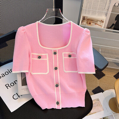 Pulover de vară Tricou tricot pentru femei Ocazional cu mânecă scurtă Haine de femeie Versatil guler pătrat Pulover pentru damă Tricoturi Topuri Jumper