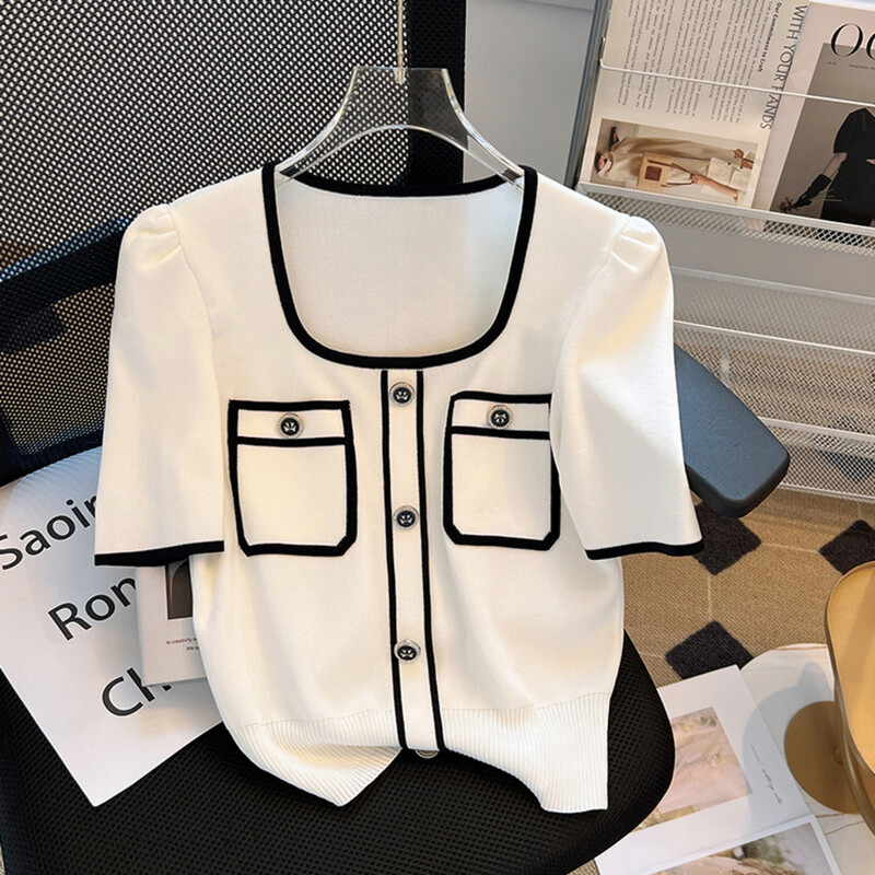 Pulover de vară Tricou tricot pentru femei Ocazional cu mânecă scurtă Haine de femeie Versatil guler pătrat Pulover pentru damă Tricoturi Topuri Jumper