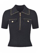 Tricou tricotat subțire la modă de vară, pulover, pentru femei, cu nasturi cu lanț, cu fermoar, tricouri, tricou, epocă, elegant, șic, tricotaj pentru damă