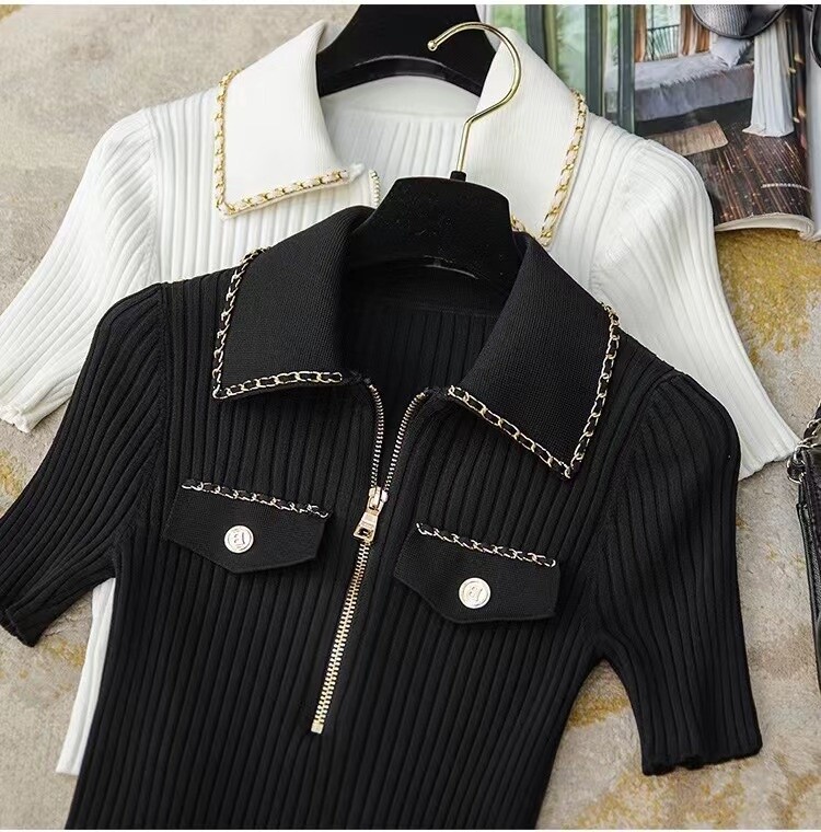 Tricou tricotat subțire la modă de vară, pulover, pentru femei, cu nasturi cu lanț, cu fermoar, tricouri, tricou, epocă, elegant, șic, tricotaj pentru damă