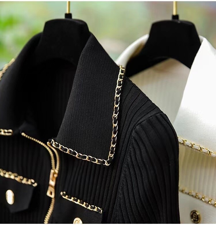 Tricou tricotat subțire la modă de vară, pulover, pentru femei, cu nasturi cu lanț, cu fermoar, tricouri, tricou, epocă, elegant, șic, tricotaj pentru damă