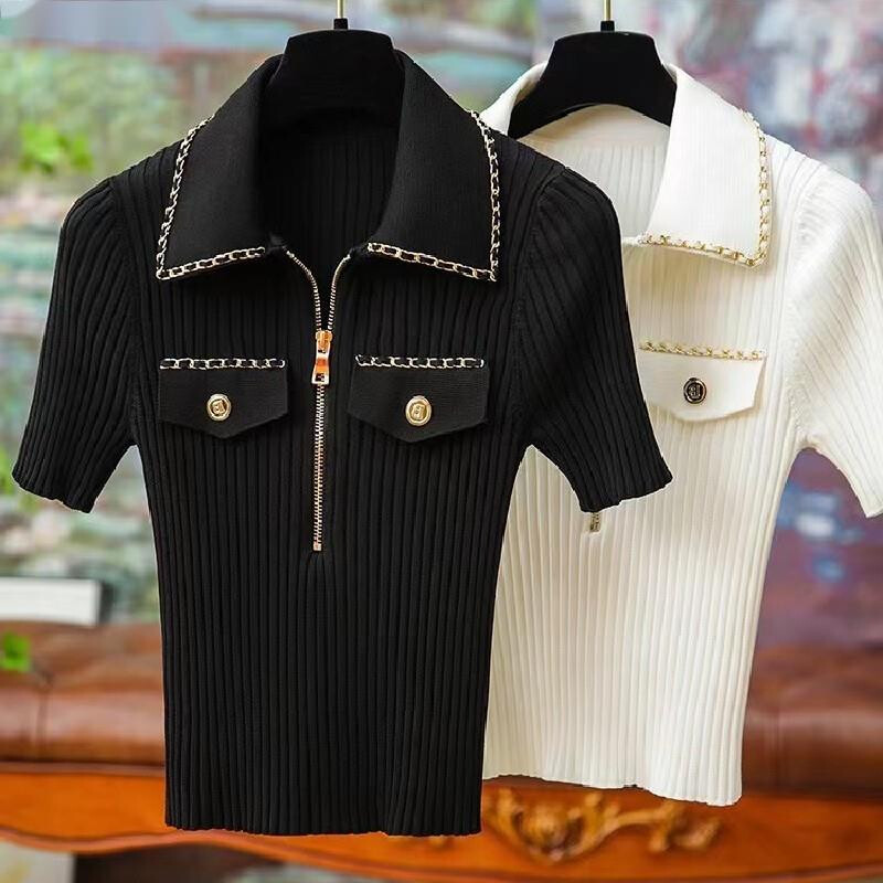 Tricou tricotat subțire la modă de vară, pulover, pentru femei, cu nasturi cu lanț, cu fermoar, tricouri, tricou, epocă, elegant, șic, tricotaj pentru damă