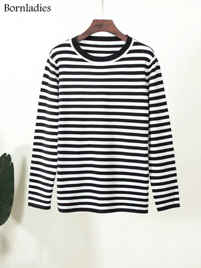 Bornladies kötött, csíkos női pulóver, 2024 őszi, téli laza, laza, vastag pulóverek női, meleg, hosszú ujjú, kerek nyakú felsők