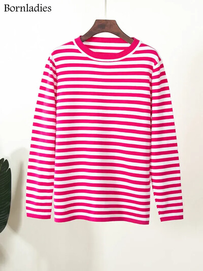 Bornladies kötött, csíkos női pulóver, 2024 őszi, téli laza, laza, vastag pulóverek női, meleg, hosszú ujjú, kerek nyakú felsők