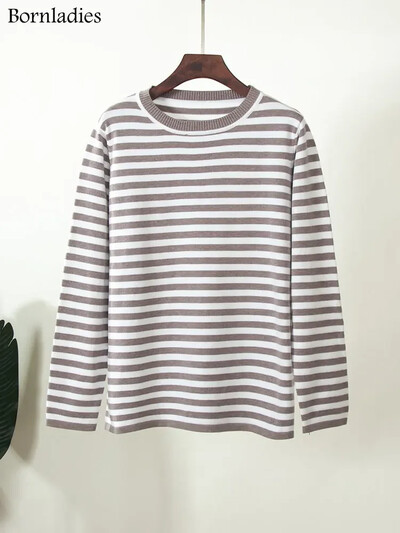 Bornladies kötött, csíkos női pulóver, 2024 őszi, téli laza, laza, vastag pulóverek női, meleg, hosszú ujjú, kerek nyakú felsők