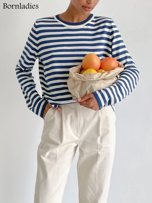 Bornladies kötött, csíkos női pulóver, 2024 őszi, téli laza, laza, vastag pulóverek női, meleg, hosszú ujjú, kerek nyakú felsők