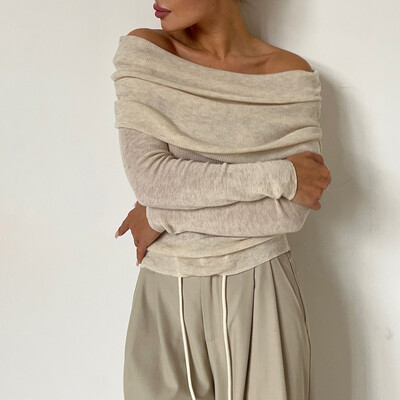 Novi dolazak iz 2024., ženske proljetne seksi majice s otvorenim ramenima, puloveri, rastezljivi, ženski, uski, dugi rukavi, majice Pull Femme