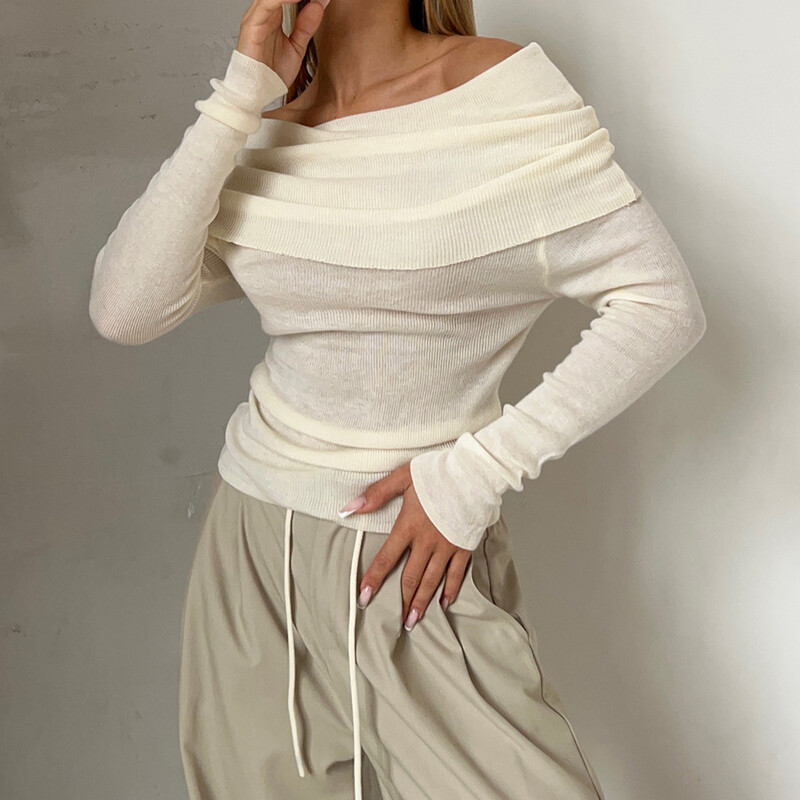 Novi dolazak iz 2024., ženske proljetne seksi majice s otvorenim ramenima, puloveri, rastezljivi, ženski, uski, dugi rukavi, majice Pull Femme