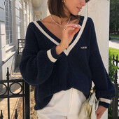 Novi ženski pulover Jesen Zima Pletena korejska ulična odjeća Široki pulover Sweatshirts Chic Topovi Pleteni pulover dugih rukava s V-izrezom