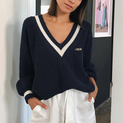 Novi ženski pulover Jesen Zima Pletena korejska ulična odjeća Široki pulover Sweatshirts Chic Topovi Pleteni pulover dugih rukava s V-izrezom