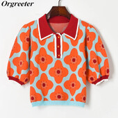 Ljeto New Ljeto Rever Kontrast boja Cvjetni Jacquard Puf rukavi Pleteni skraćeni gornji dio Ženski Chic Tanki pulover s cvjetnim gumbima