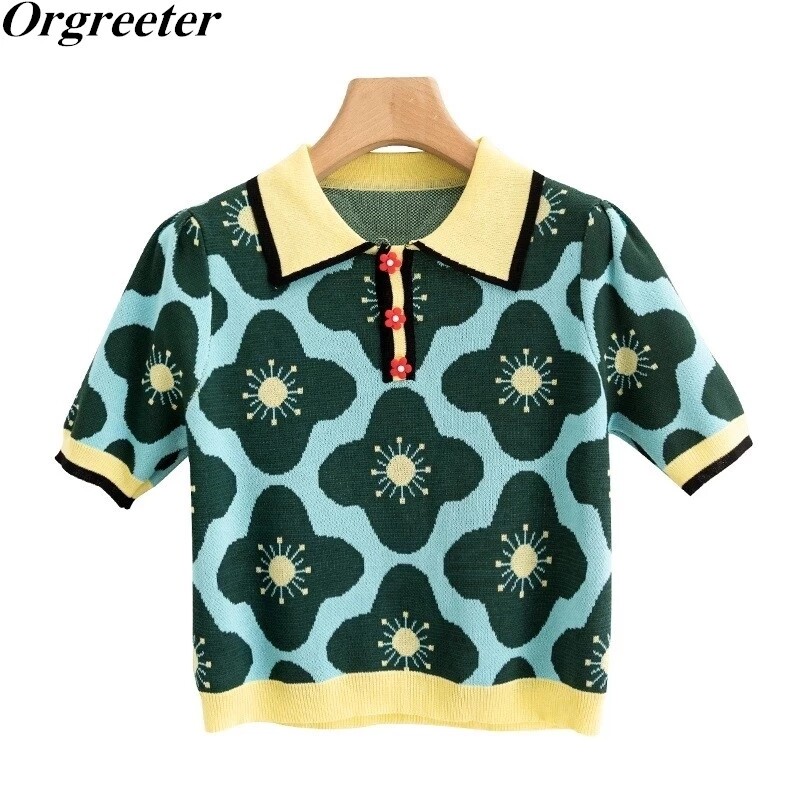 Ljeto New Ljeto Rever Kontrast boja Cvjetni Jacquard Puf rukavi Pleteni skraćeni gornji dio Ženski Chic Tanki pulover s cvjetnim gumbima