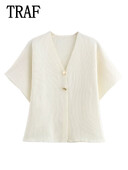 TRAF Pulover elegant pentru femei Top cu mâneci scurte 2024 de vară tricotat Topuri cu decolteu în V Top feminin stil dulce Y2k