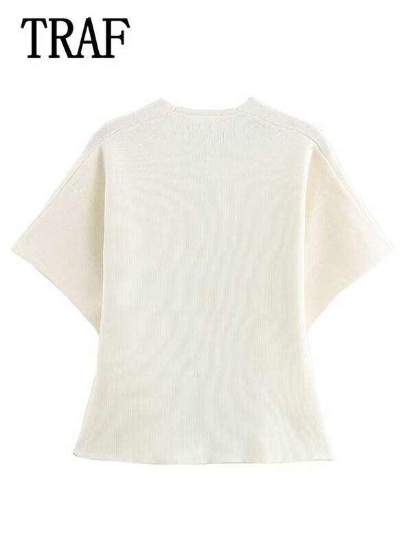 TRAF Pulover elegant pentru femei Top cu mâneci scurte 2024 de vară tricotat Topuri cu decolteu în V Top feminin stil dulce Y2k