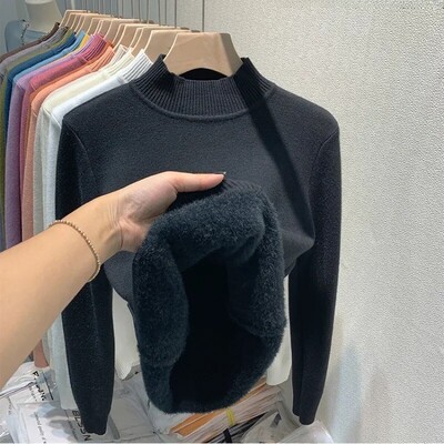 Sieviešu stilīgs džemperis ar vilnas oderi, kas ir paredzēts rudens/ziemas garajām piedurknēm polo/bruņurupuča kakla termiskajam iekšējam apģērbam