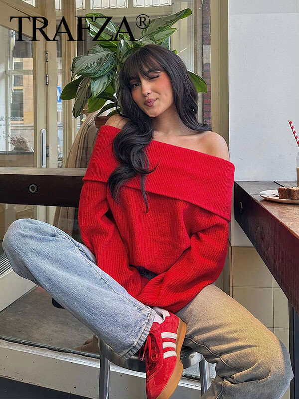 Pulover TRAFZA pentru femei Pulover elegant cu umăr dezactivat Pulovere cu gât tăiat cu mânecă lungă tricot Top Femei Fashion Streetwear