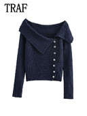 TRAF Ženski gornji pulover Jesenska moda 2024. Jednobojni ovratnik s dugim rukavima, ženski gornji dio s otvorenim ramenima
