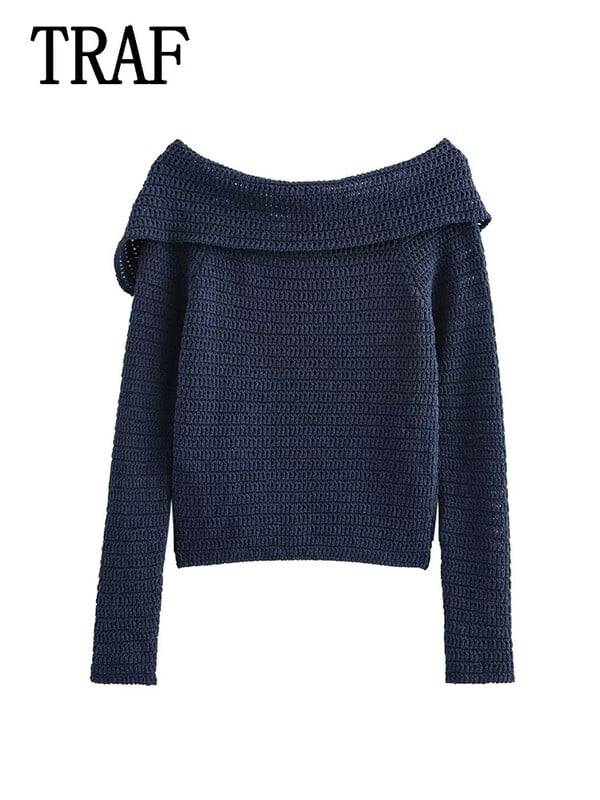 TRAF Ženski gornji pulover Jesenska moda 2024. Jednobojni ovratnik s dugim rukavima, ženski gornji dio s otvorenim ramenima