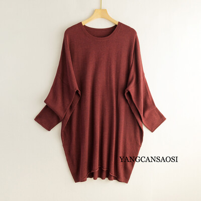 Γυναικείο πουλόβερ από μεταξωτό κασμίρ Γυναικείο μπλουζάκι από μετάξι στρογγυλή λαιμόκοψη μονόχρωμο πουκάμισο με κάτω μέρος Τοπ Μεσαίο μακρύ μανίκι φαρδύ πουλόβερ