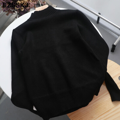 Koreai stílusú pulóver, női pulóver, alkalmi fél garbó, hosszú ujjú, kötött pulóver, női pulóver, tömör alap pulóver