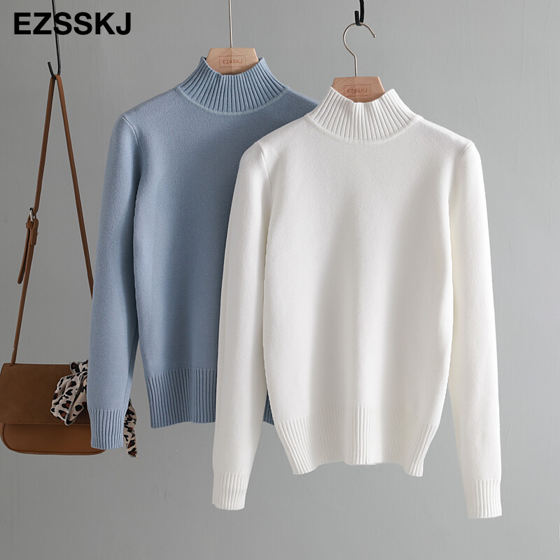 Koreai stílusú pulóver, női pulóver, alkalmi fél garbó, hosszú ujjú, kötött pulóver, női pulóver, tömör alap pulóver