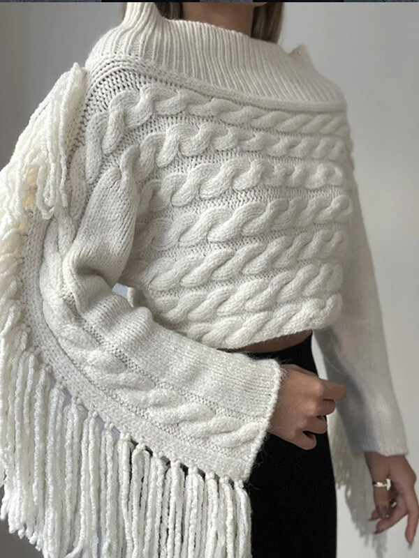 Jednobojni ženski pulover s resama, pleteni ženski pulover 2024. Elegantni, ležerni široki ženski pulover dugih rukava