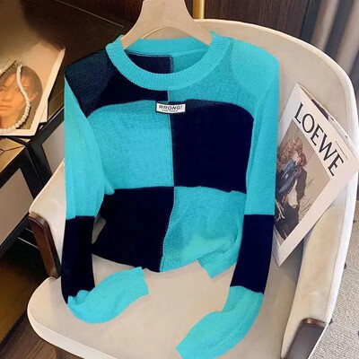 Ženska pletena majica s blokirajućim bojama, novi stil, izdubljena niša s dugim rukavima, donji sloj, jedinstvena zimska