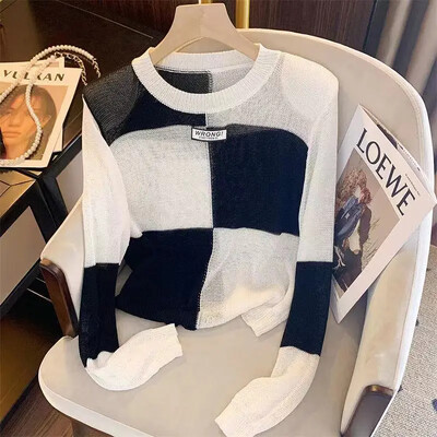 Ženska pletena majica s blokirajućim bojama, novi stil, izdubljena niša s dugim rukavima, donji sloj, jedinstvena zimska