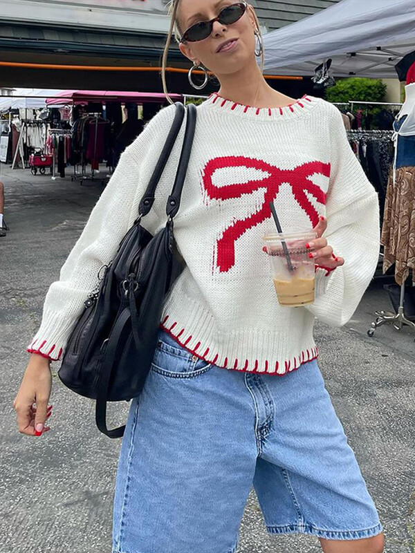 Rudens bantītes ar apdruku trikotāžas sieviešu džemperis, ikdienas džemperis ar garām piedurknēm, kontrastkrāsas sieviešu džemperis, 2024. gada modes sieviešu virsdrēbes