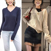 Pulover Brandy Mandy Ženski gornji jesenski ležerni džemperi s V izrezom, pleteni pulover s dugim rukavima za djevojčice, tamnoplavi ženski kratki pulover