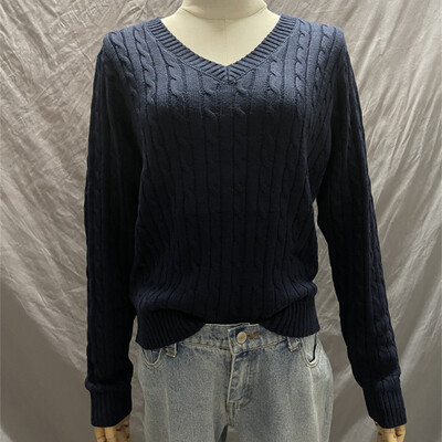 Pulover Brandy Mandy Ženski gornji jesenski ležerni džemperi s V izrezom, pleteni pulover s dugim rukavima za djevojčice, tamnoplavi ženski kratki pulover