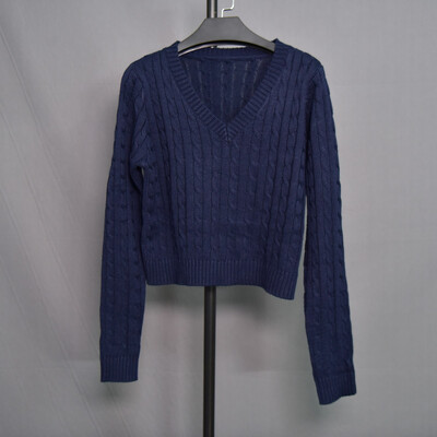 Pulover Brandy Mandy Ženski gornji jesenski ležerni džemperi s V izrezom, pleteni pulover s dugim rukavima za djevojčice, tamnoplavi ženski kratki pulover