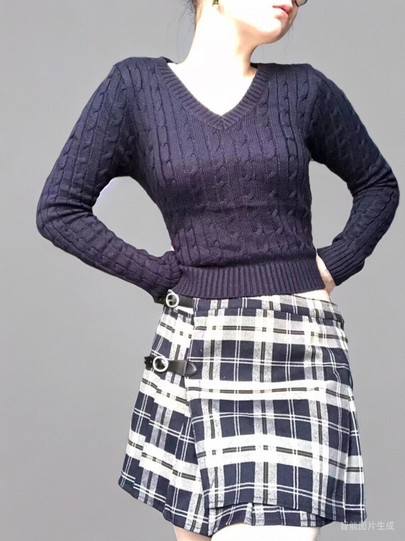 Pulover Brandy Mandy Ženski gornji jesenski ležerni džemperi s V izrezom, pleteni pulover s dugim rukavima za djevojčice, tamnoplavi ženski kratki pulover