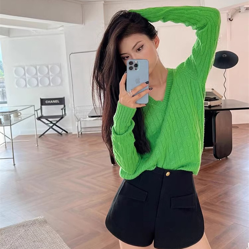 Pulover Brandy Mandy Ženski gornji jesenski ležerni džemperi s V izrezom, pleteni pulover s dugim rukavima za djevojčice, tamnoplavi ženski kratki pulover